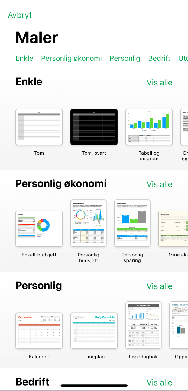 Malvelgeren vises med en rad med kategorier langs toppen som du kan trykke på for å filtrere alternativene. Nedenfor vises miniatyrbilder av forhåndsdesignede maler arrangert i rader etter kategori, med Enkle øverst, etterfulgt av Personlig økonomi, Personlig og Bedrift. En Vis alle-knapp vises over og til høyre for hver kategorirad. Avbryt-knappen vises oppe i venstre hjørne.