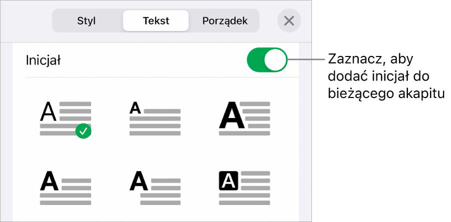 Narzędzia inicjału znajdujące się w menu Tekst.