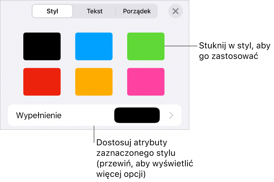 Karta Styl w menu Format, zawierająca na górze style kształtów, a poniżej pole koloru wypełnienia.