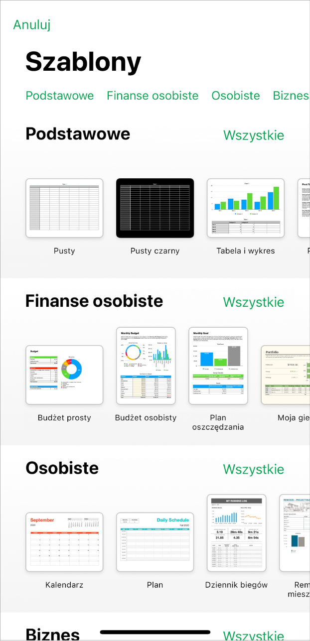 Paleta szablonów z widocznym na górze wierszem kategorii, w które możesz stuknąć, aby filtrować dostępne szablony. Poniżej widoczne są miniaturki gotowych szablonów uporządkowane wierszami według kategorii, zaczynając od widocznej na górze kategorii Podstawowe, po której następują kategorie Finanse osobiste, Osobiste oraz Biznes. Po prawej stronie nad każdym wierszem kategorii widoczny jest przycisk Zobacz wszystkie. W prawym górnym rogu widoczny jest przycisk Anuluj.