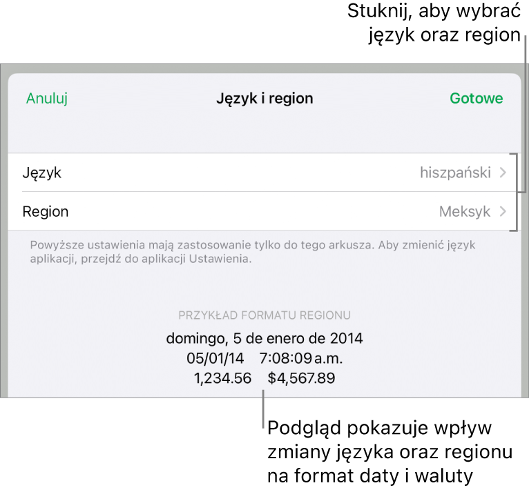 Panel Język i region z narzędziami do ustawień języka i regionu, a także przykład formatu zawierający datę, czas, liczbę dziesiętną oraz walutę.