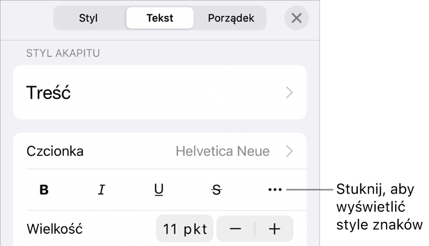 Narzędzia formatowania. Na samej górze widoczne są style akapitu, a poniżej znajdują się narzędzia czcionki. Pod narzędziami czcionki widoczne są przyciski Pogrubienie, Kursywa, Podkreślenie, Przekreślenie oraz Więcej opcji tekstu.