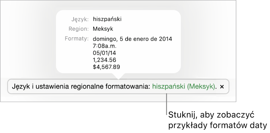 Powiadomienie o różnicy ustawień dotyczących języka i regionu, pokazujące przykłady formatowania używanego w wybranym języku i regionie.