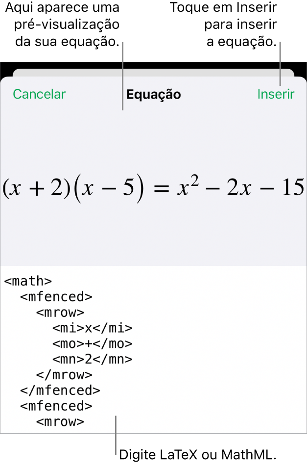 O diálogo de Equação, mostrando uma equação escrita com comandos MathML e uma pré-visualização da fórmula acima.