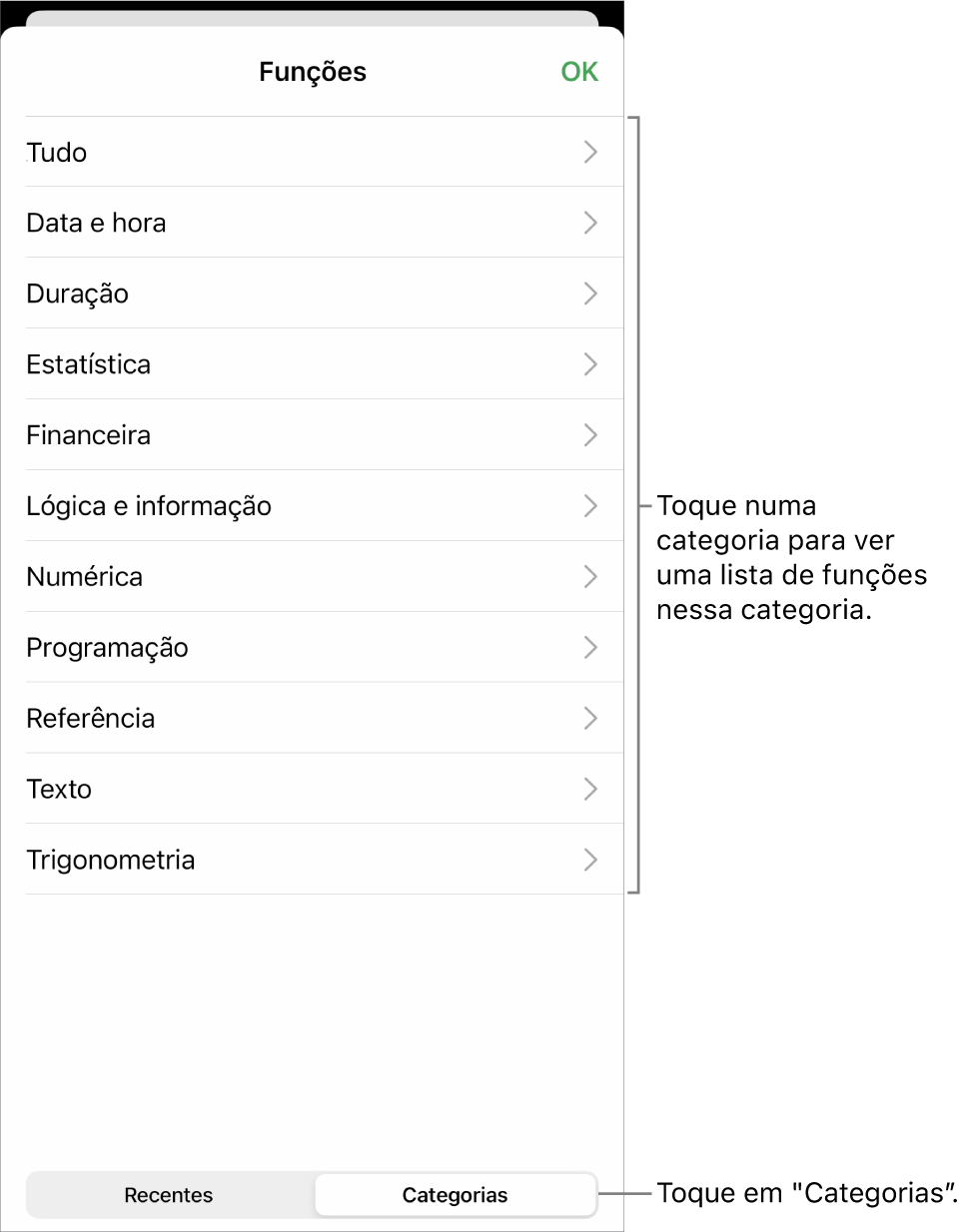 O navegador de funções com o botão "Categorias” selecionado e a lista de categorias por baixo.