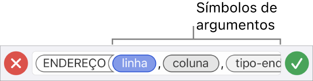 O editor de fórmulas a mostrar uma função com símbolos de argumentos.
