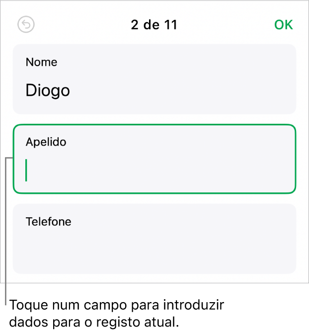 Um registo num formulário a mostrar um campo ativo com um ponto de inserção.