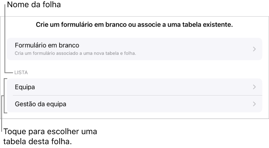 Uma lista de tabelas que estão na mesma folha de cálculo com a opção para criar um formulário em branco na parte superior.