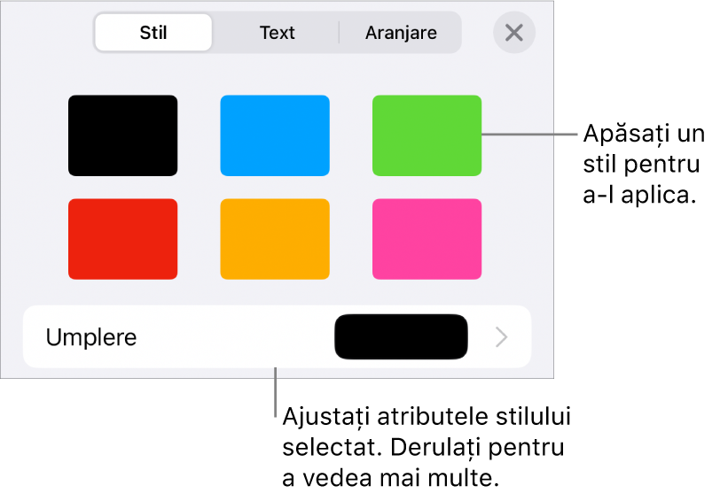 Fila Stil a meniului Format cu stilurile de obiect în partea de sus și sub acestea o comandă pentru modificarea umplerii.