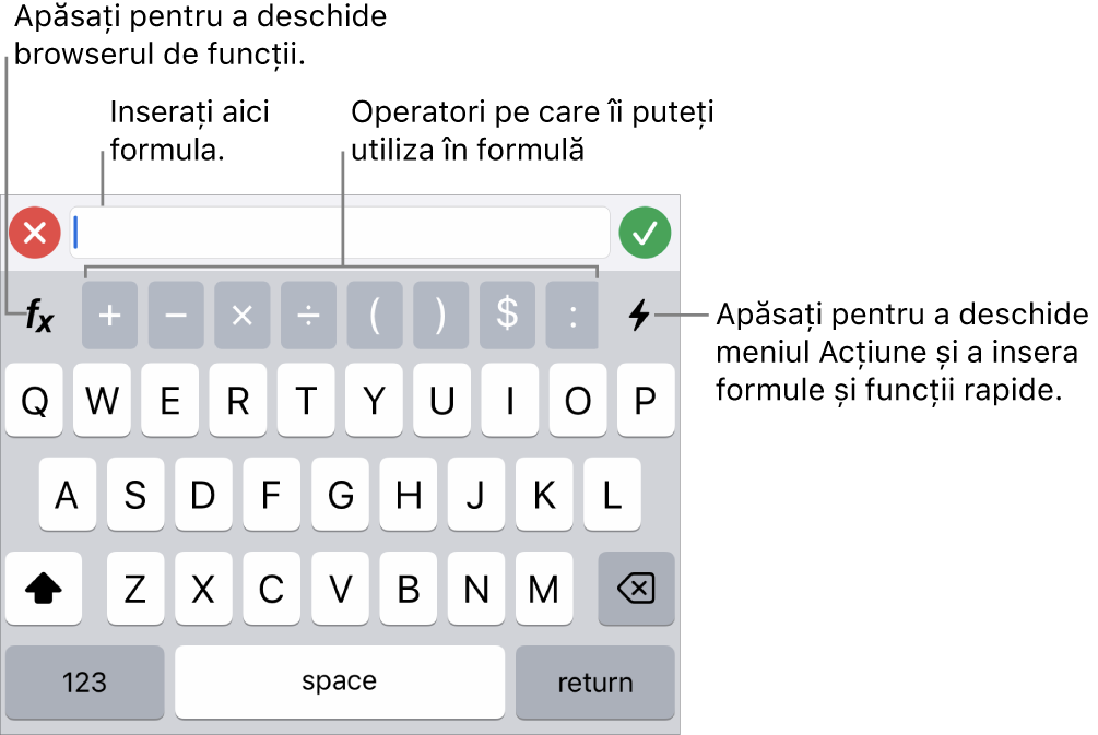 Tastatura pentru formule, cu editorul de formule în partea de sus și operatorii utilizați în formule sub acesta. Butonul Funcții pentru deschiderea browserului de funcții se află în stânga operatorilor, iar butonul pentru meniul Acțiune se află în dreapta.