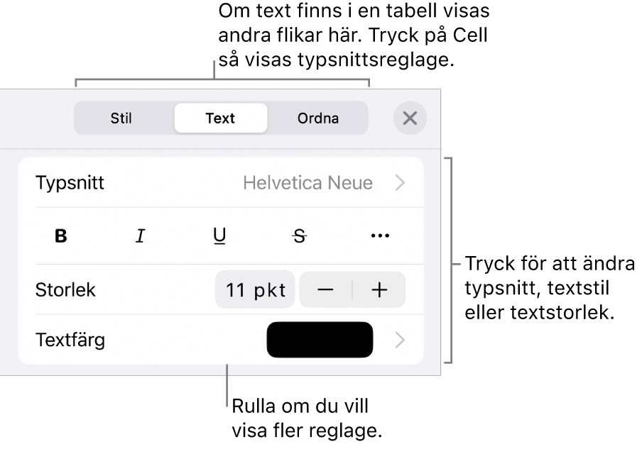 Textreglage i menyn Format för att ställa in stycke- och teckenstilar, typsnitt, storlek och färg.