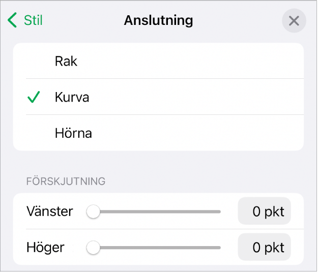 Anslutningsreglagen med Kurva markerat.