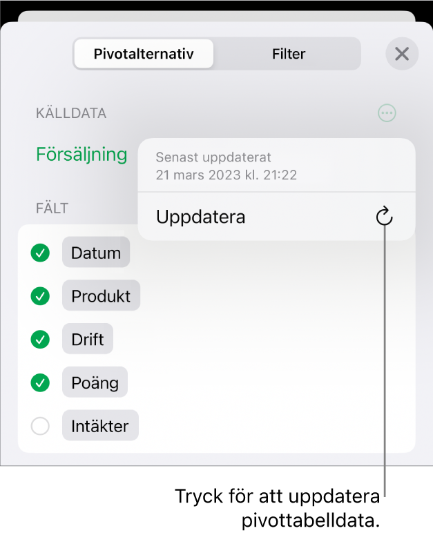 Menyn Pivotalternativ visar alternativet att uppdatera pivottabellen.
