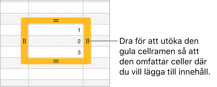 En markerad cell med en stor gul ram som du kan dra för att autofylla celler.