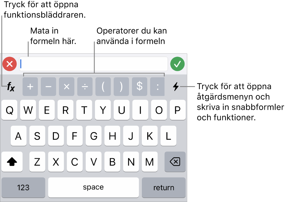 Formeltangentbordet med formelredigeraren högst upp och operatorerna som används i formler nedanför det. Funktionsknappen, som du öppnar funktionsbläddraren med, finns till vänster om operatorerna, och till höger finns åtgärdsmenyknappen.