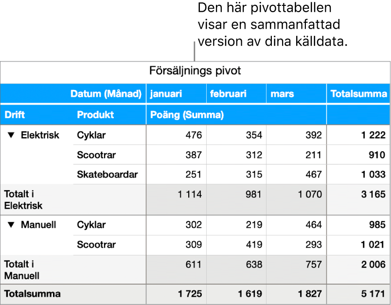 En pivottabell som visar sammanfattade data för cyklar, scootrar och skateboardar samt reglage för att visa vissa data.