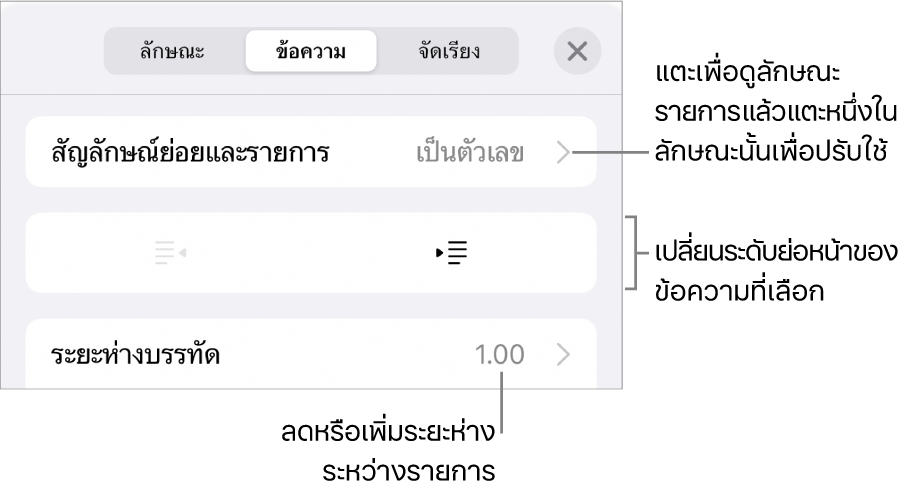 ส่วนสัญลักษณ์ย่อยและรายการของตัวควบคุมรูปแบบที่มีคำบรรยายสำหรับสัญลักษณ์ย่อยและรายการ ปุ่มการเยื้องออกและการเยื้องเข้า และตัวควบคุมระยะห่างบรรทัด