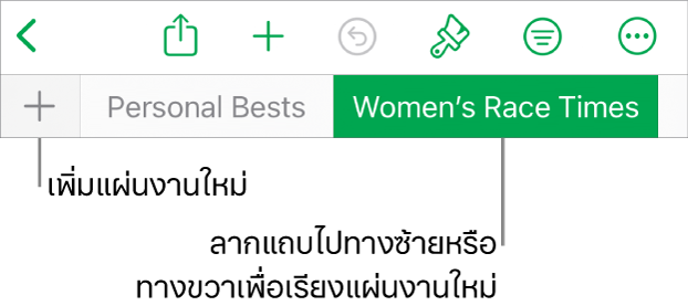 รายการแถบสำหรับเพิ่มแผ่นงานอีกครั้ง การนำทาง การจัดลำดับอีกครั้ง และการจัดระเบียบแผ่นงานอีกครั้ง