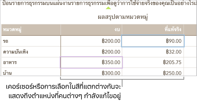 เคอร์เซอร์หรือการเลือกในสีที่แตกต่างกันแสดงถึงตำแหน่งที่แต่ละคนแก้ไขอยู่