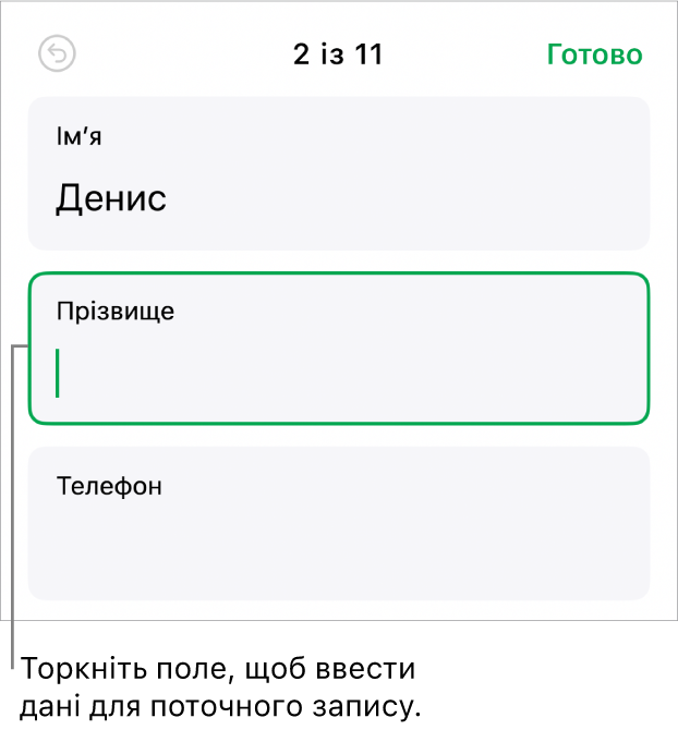 Запис у формі з активним полем і точкою вставлення.