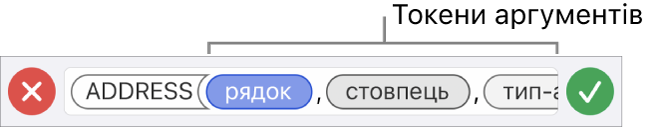 Редактор формул, у якому показано функцію з токенами аргументів.