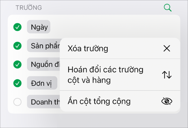 Menu Tùy chọn trường khác, đang hiển thị các điều khiển để ẩn tổng lớn, hoán đổi các trường hàng và cột và xóa các trường.