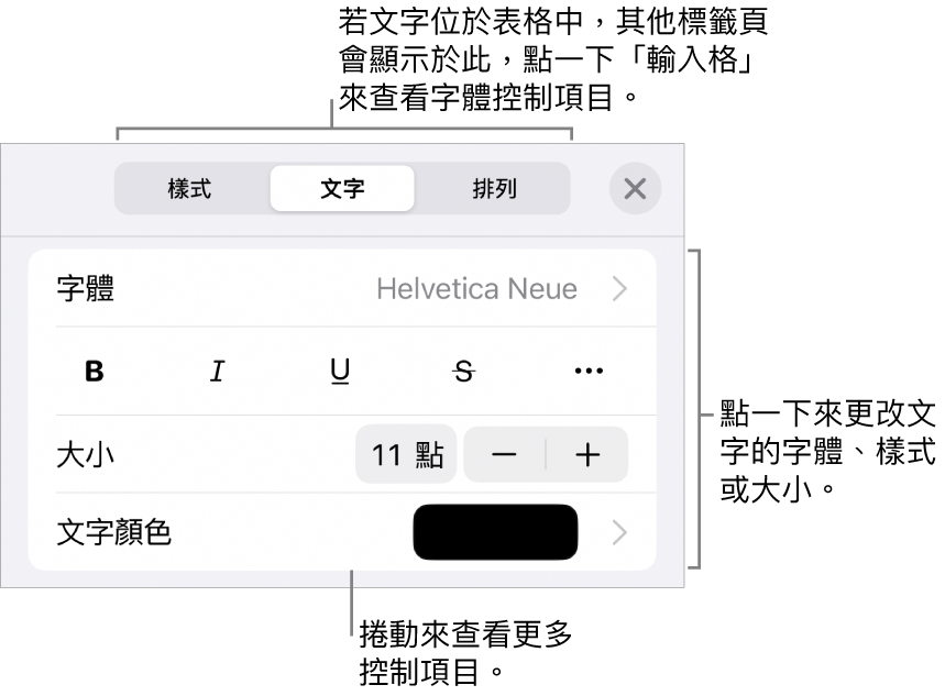 「格式」選單中設定段落及字元樣式、字體、大小和顏色的文字控制項目。