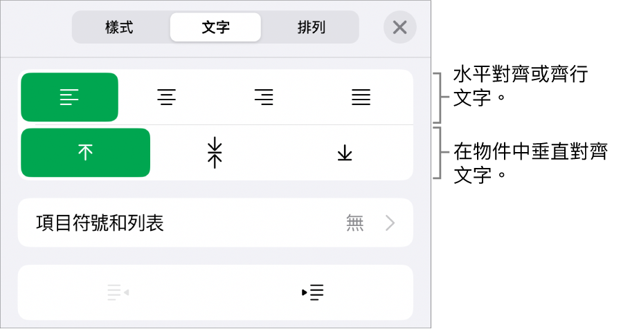 「格式」檢閱器的「佈局」部分，說明文字指向文字對齊方式和間距按鈕。