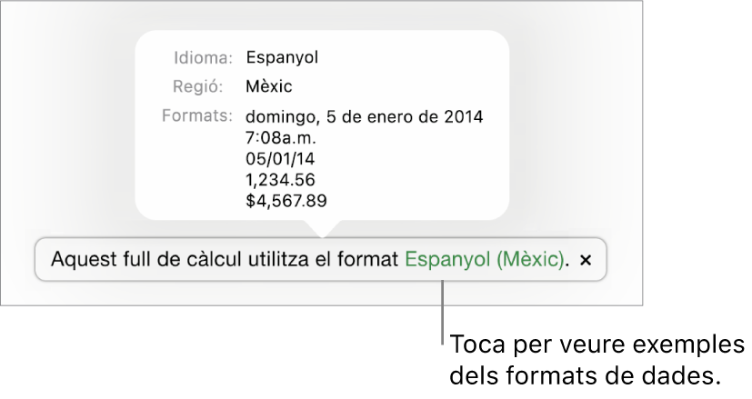 La notificació de la diferència de configuració d’idioma i regió, amb exemples del format d’aquell idioma i regió.