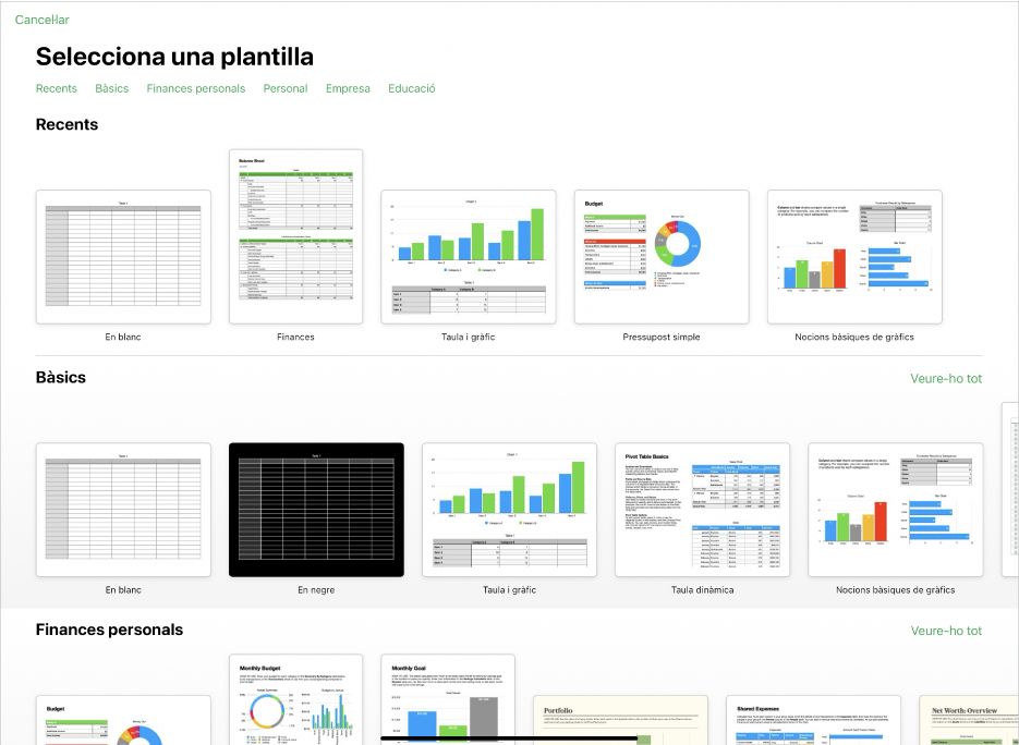 El selector de plantilles, amb una fila de categories a la part superior que pots tocar per filtrar les opcions. A sota hi ha miniatures de plantilles predissenyades ordenades en files per categoria: la primera, a la part superior, és “Bàsiques”, seguida de “Finances personals”, “Personal”, “Negocis” i “Educació”. Es mostra el botó “Mostra-ho tot” a la part superior i a la dreta de cada fila de categories. El botó de cancel·lar és a l’angle superior dret.