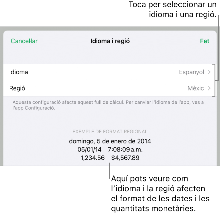 El tauler “Idioma i regió” en què es mostren els controls per a l’idioma i la regió i un exemple de format per a la data, l’hora, els decimals i la moneda.