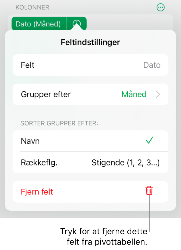 Menuen Feltindstillinger, der viser betjeningsmulighederne til gruppering og sortering af data samt muligheden for at fjerne et felt.