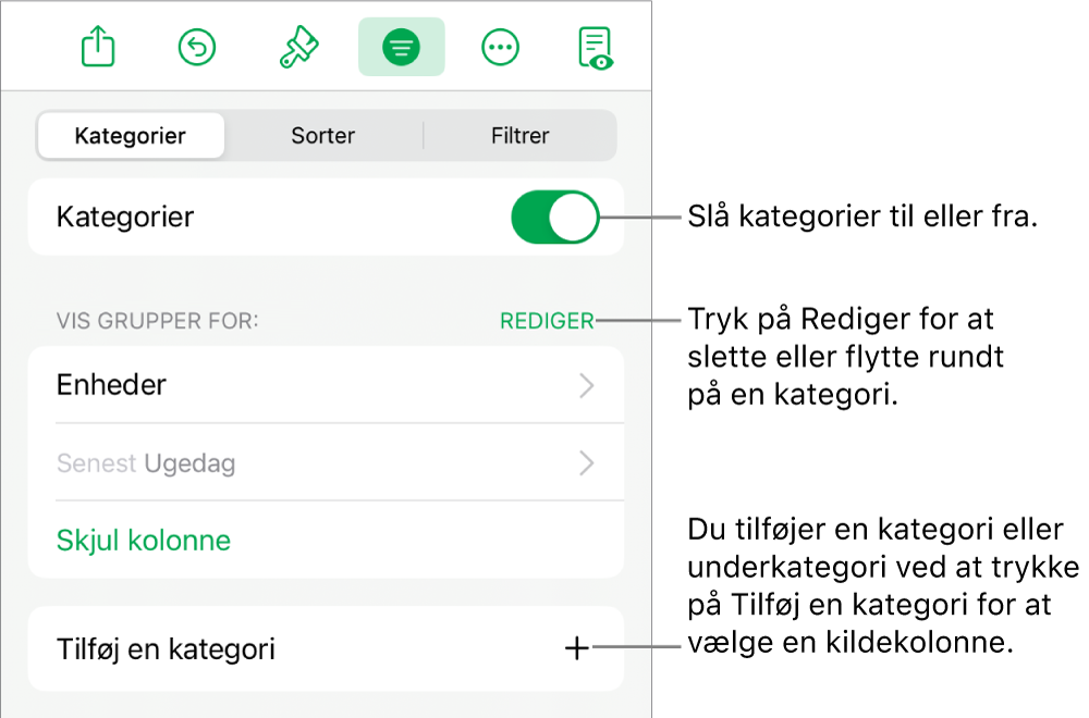 Menuen Kategorier til iPad med muligheder for at slå kategorier fra, slette kategorier, omgruppere data, skjule en kildekolonne og tilføje kategorier.