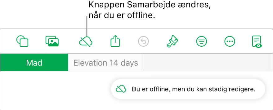 Knapperne øverst på skærmen, hvor knappen Samarbejde er ændret til en sky med en skrå streg over. En besked på skærmen med teksten “Du er offline, men du kan stadig redigere”.