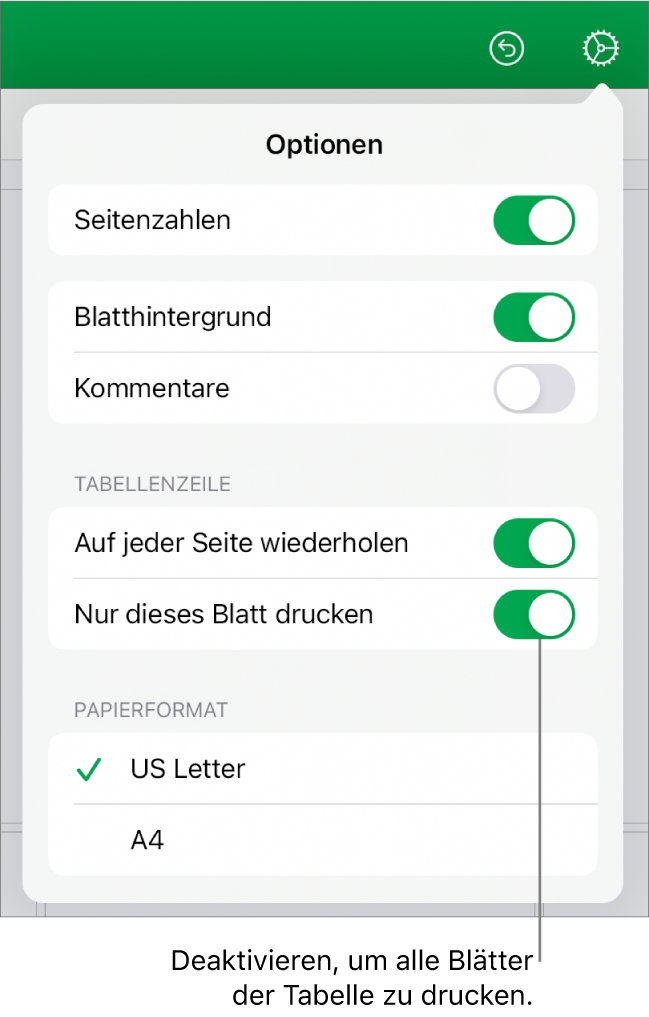 Der Bereich der Druckvorschau mit Steuerelementen zum Anzeigen der Seitenzahlen, Wiederholen der Tabellentitel auf jeder Seite, Ändern der Papiergröße und Angeben, ob die gesamte Tabelle oder nur das aktuelle Blatt gedruckt werden soll.