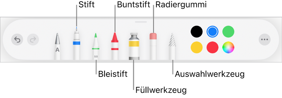 Die Zeichen-Symbolleiste mit Werkzeugen wie Stift, Bleistift, Buntstift, Füllwerkzeug, Radiergummiwerkzeug, Auswahlwerkzeug und Farbfeld mit der aktuellen Farbe. Ganz rechts befindet sich die Taste „Mehr“.