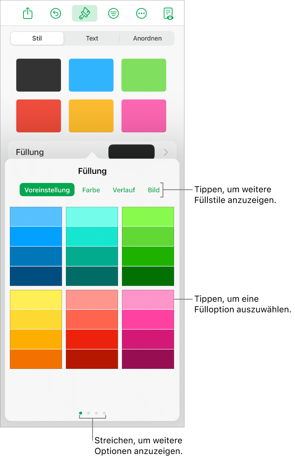 Fülloptionen im Tab „Stil“ der Taste „Format“