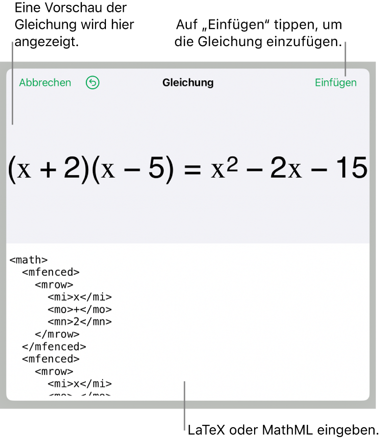 Im Dialogfenster „Gleichung“ wird eine Gleichung angezeigt, die mit MathML-Befehlen geschrieben wurde, darüber wird eine Vorschau der Formel angezeigt.