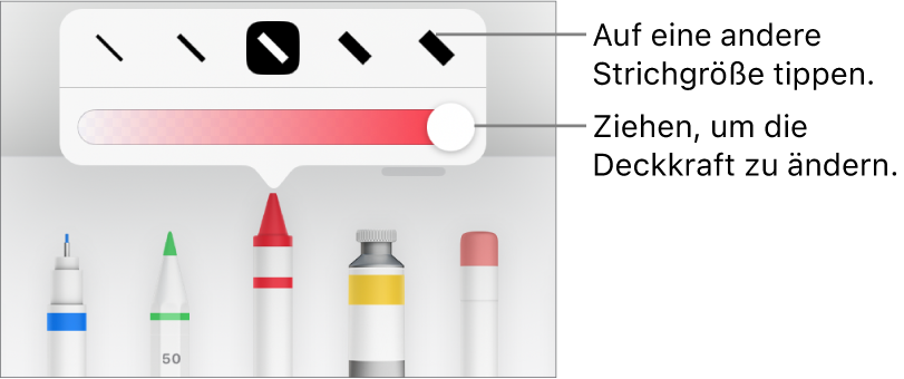 Steuerelemente zum Auswählen einer Strichstärke und ein Schieberegler zum Anpassen der Deckkraft