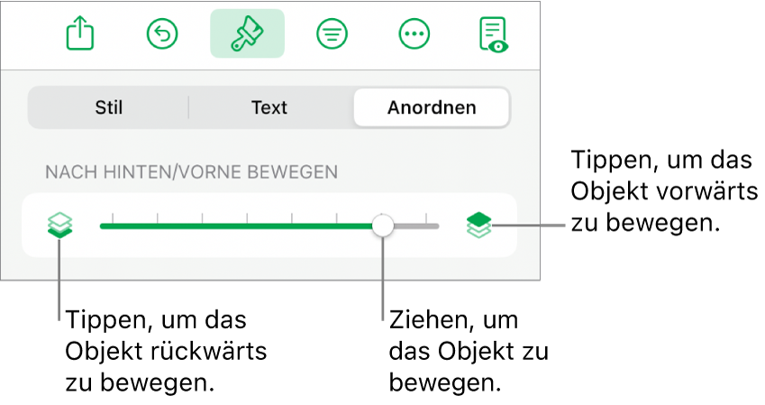 Die Taste für zurück, die Taste für vorwärts und Regler für Ebenen