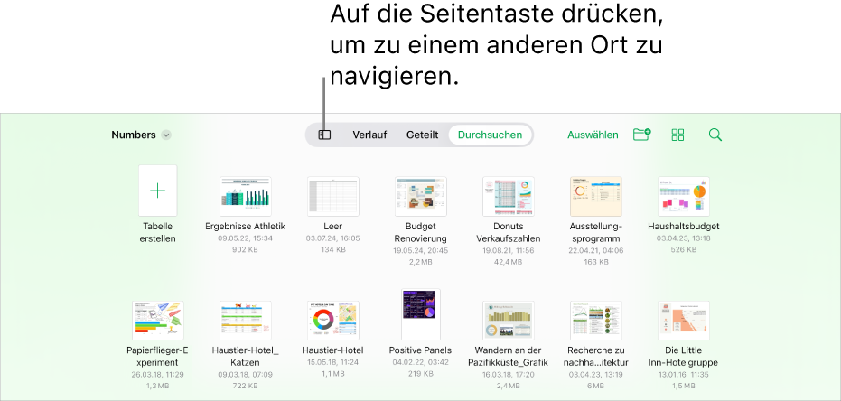 Die Darstellung zum Durchsuchen des Dokumentenmanagers mit einem Link zu einem Ort oben links und dem Suchfeld darunter. In der oberen rechten Ecke befindet sich die Taste „Tabelle hinzufügen“, die Taste „Neuer Ordner“, ein Einblendmenü zum Verwenden der Listendarstellung oder Symboldarstellung, zum Filtern nach Name, Datum, Größe, Art und Tag sowie die Taste „Auswählen“. Darunter befinden sich Miniaturen bereits vorhandener Tabellenkalkulationen.