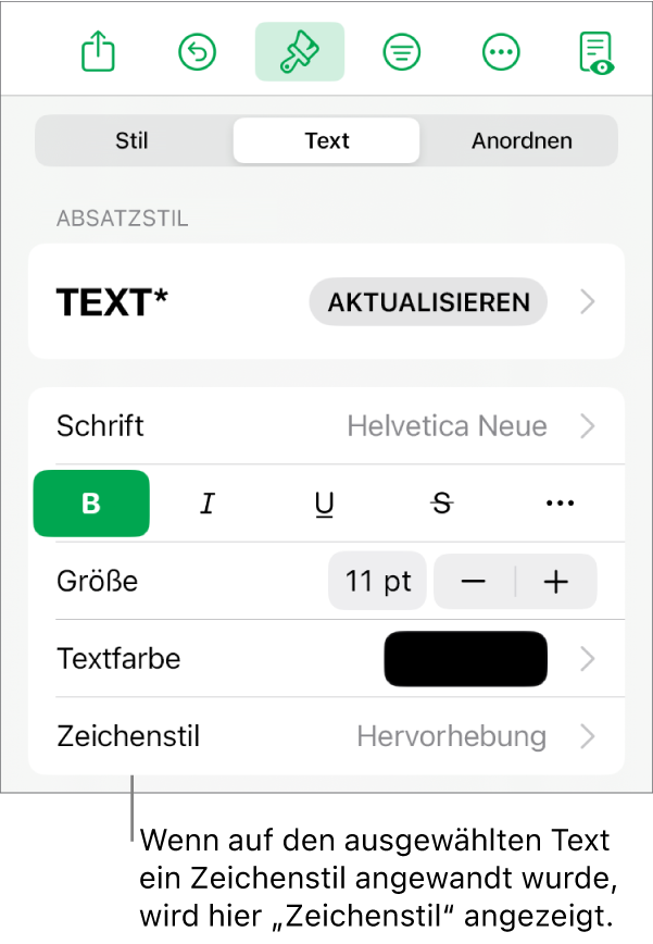 Die Steuerelemente für die Textformatierung mit „Zeichenstil“ unter den Farbsteuerungen Der Zeichenstil „Ohne“ mit einem Stern