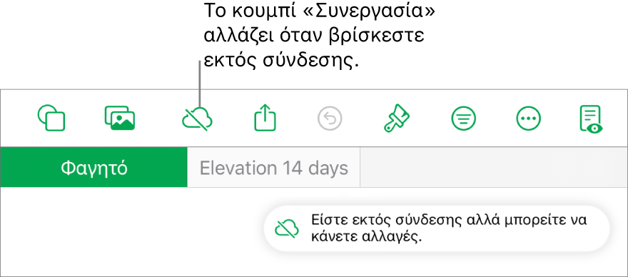 Τα κουμπιά στο πάνω μέρος της οθόνης, και το κουμπί «Συνεργασία» έχει αλλάξει σε σύννεφο με μια διαγώνια γραμμή που το διαπερνά. Μια ειδοποίηση στην οθόνη που λέει «Είστε εκτός σύνδεσης αλλά μπορείτε να κάνετε αλλαγές».