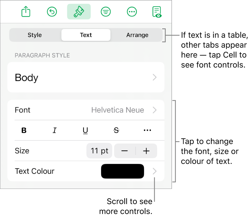 Text controls in the Format menu for setting paragraph and character styles, font, size and colour.