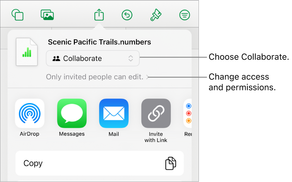 The Share menu with Collaborate selected at the top, and access and permission settings underneath.