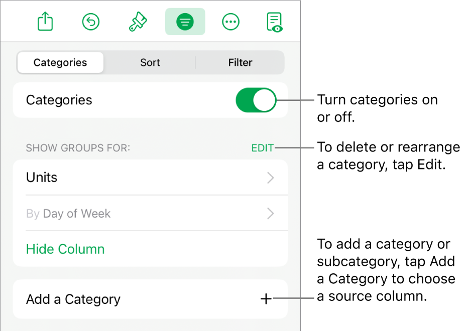 The Categories menu for iPad with options for turning categories off, deleting categories, regrouping data, hiding a source column and adding categories.