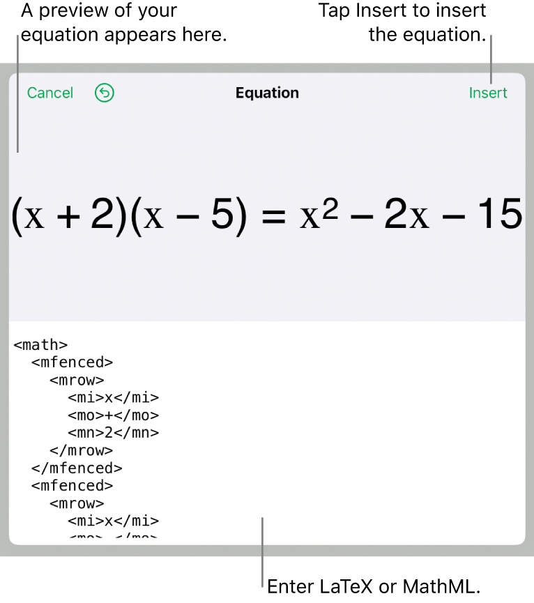 The Equation dialogue, showing an equation written using MathML commands, and a preview of the formula above.