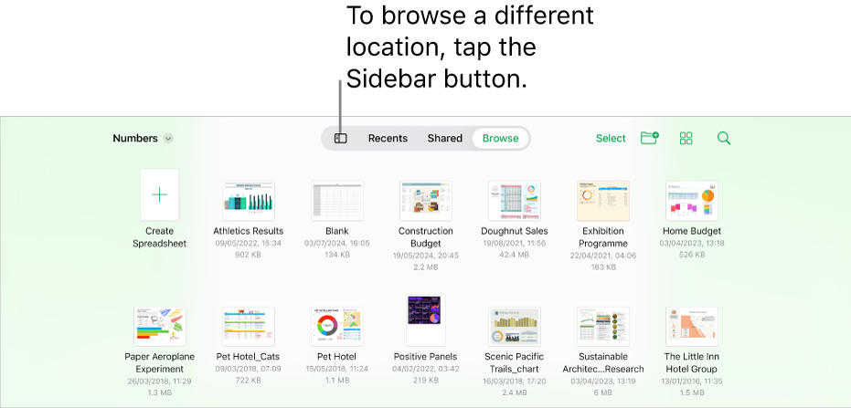 The browse view of the document manager with a location link in the top-left corner and below it a Search field. In the top-right corner are the Add a Spreadsheet button; the New Folder button; a pop-up menu to use list or icon view, and to filter by name, date, size, kind and tag; and the Select button. Below these are thumbnails of existing spreadsheets.