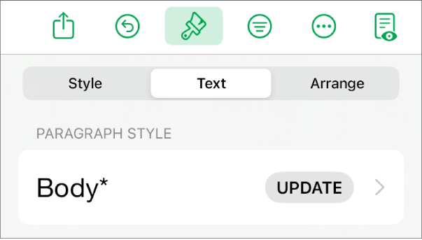 A paragraph style with an asterisk next to it and an Update button on the right.