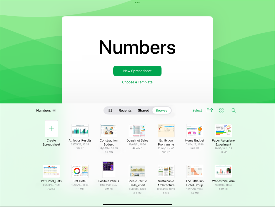 The Numbers document manager with buttons to create a new spreadsheet or choose a template at the top of the screen, and controls to open saved spreadsheet at the bottom.